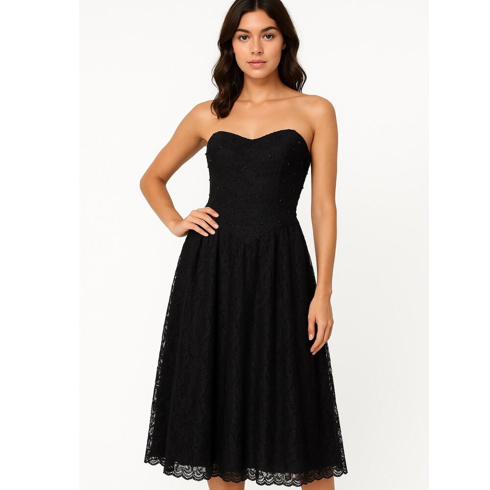 Vintage 1980s Positively Ellyn Black Lace Beaded Prom Dress XS